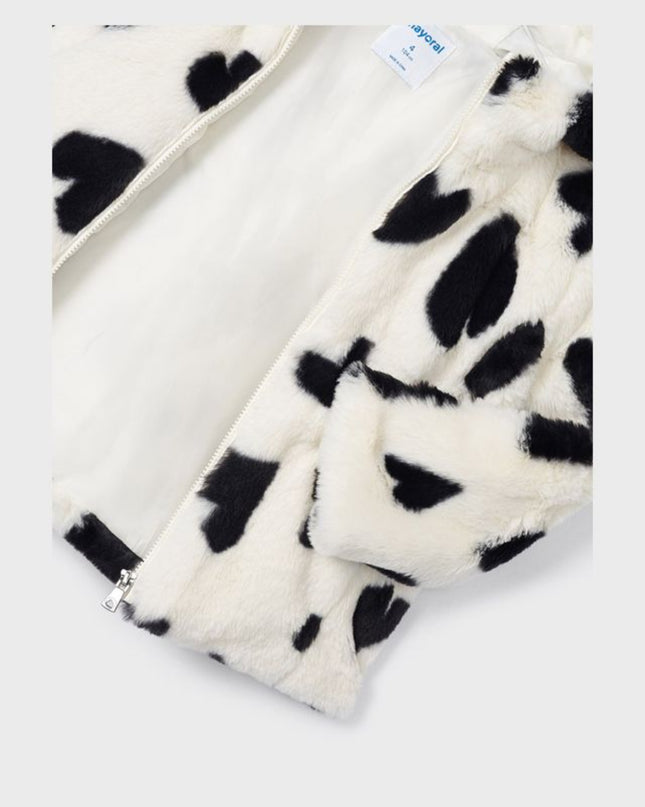 Kids Atelier-Mayoral-Ivory Faux Fur Heart Print Coat