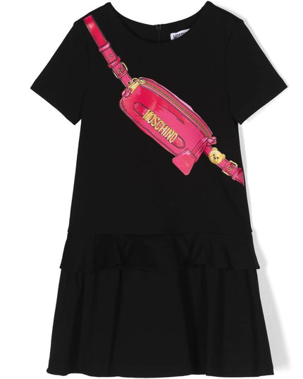 Kids Atelier-Moschino-Black Dress with Belt Bag Print and Ruffle