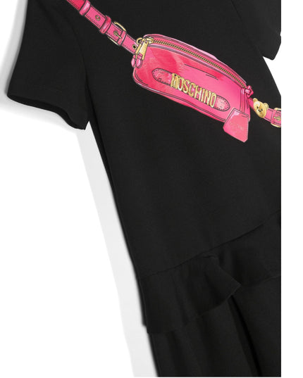Kids Atelier-Moschino-Black Dress with Belt Bag Print and Ruffle