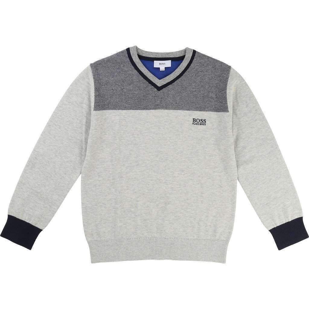 Boss Gray V-Neck Knitted Sweater-Shirts-BOSS-kids atelier