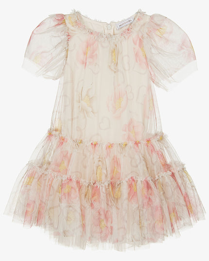 monnalisa-White Dress with Tulle and Floral Print-11b905-2651-0002