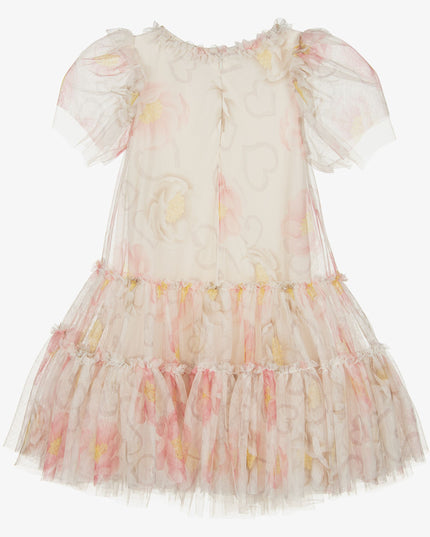 monnalisa-White Dress with Tulle and Floral Print-11b905-2651-0002