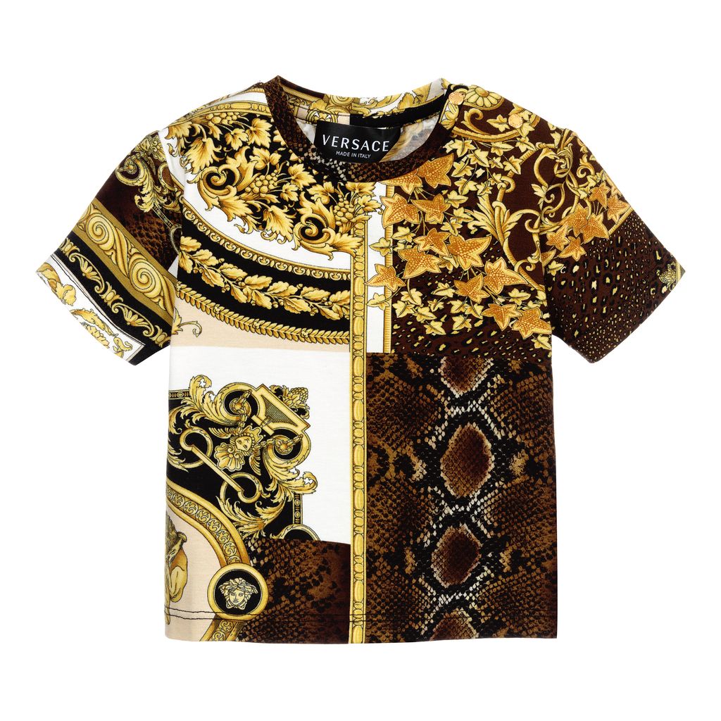 versace-Gold, Brown & White Baroque Patchwork Print T-Shirt-1000102-1a00270-5n030