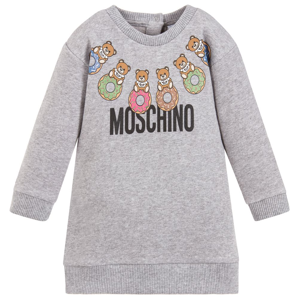 MOSCHINO-BABY GIRL TEDDY BEAR DONUT GRAPHIC DRESS-MBV05TLDA03-60901 GREY-Default-Moschino-kids atelier