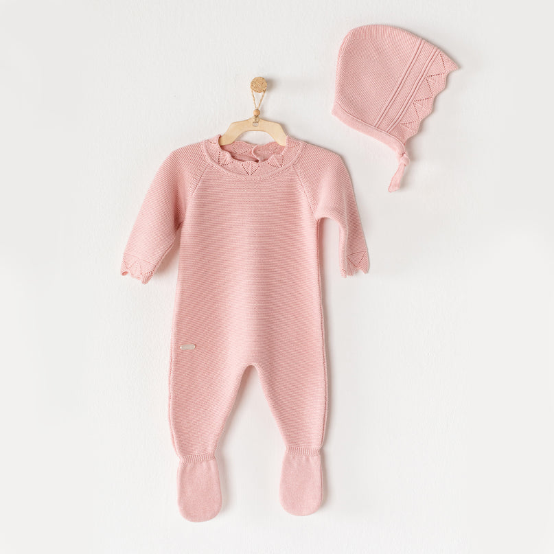 Pink Knitted Babygrow & Hat