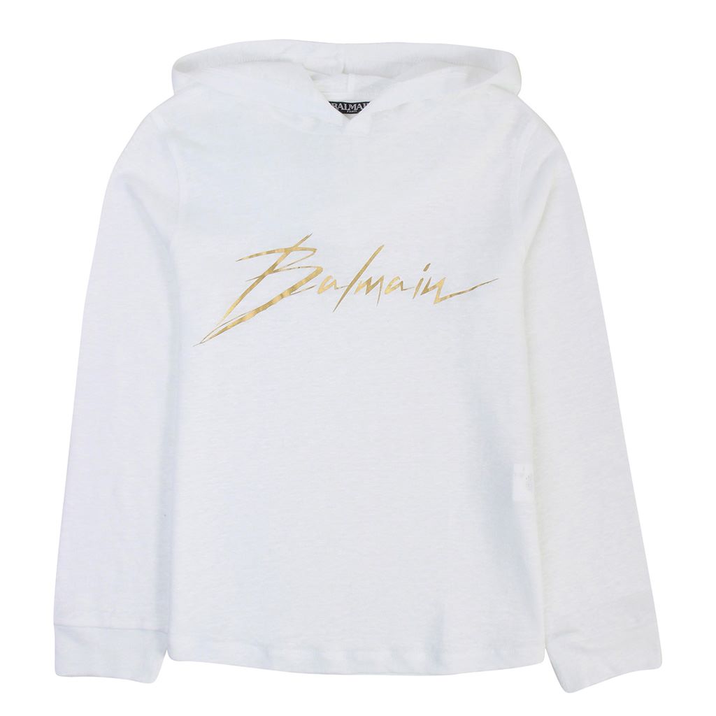 balmain-White & Gold Logo Hoodie-6k8590kx300100
