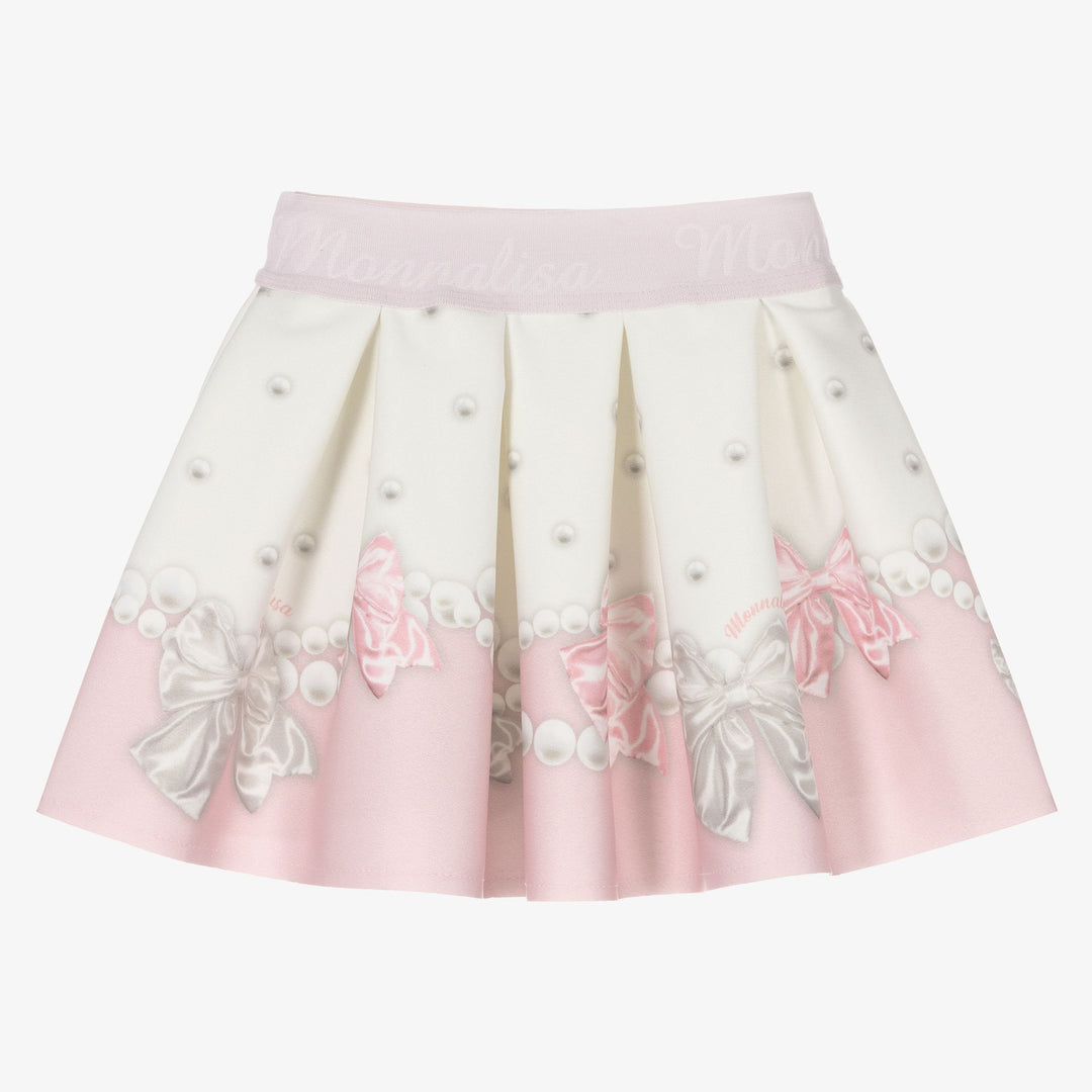 monnalisa-Pink Bow Print Flared Skirt-31b700-2655-0191
