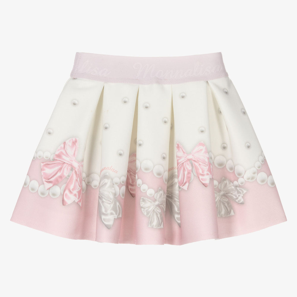 monnalisa-Pink Bow Print Flared Skirt-31b700-2655-0191