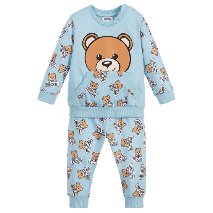 MOSCHINO-BABY ALL OVER TEDDY BEAR PRINT T-SHIRT & PANT SET-MUK01PLAB07-83976 BABY BLUE-Default-Moschino-kids atelier