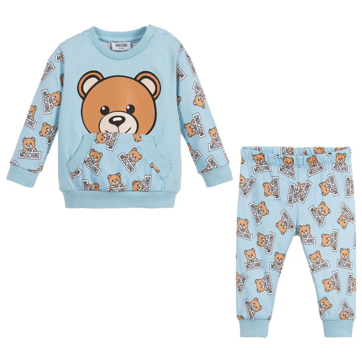 MOSCHINO-BABY ALL OVER TEDDY BEAR PRINT T-SHIRT & PANT SET-MUK01PLAB07-83976 BABY BLUE-Default-Moschino-kids atelier