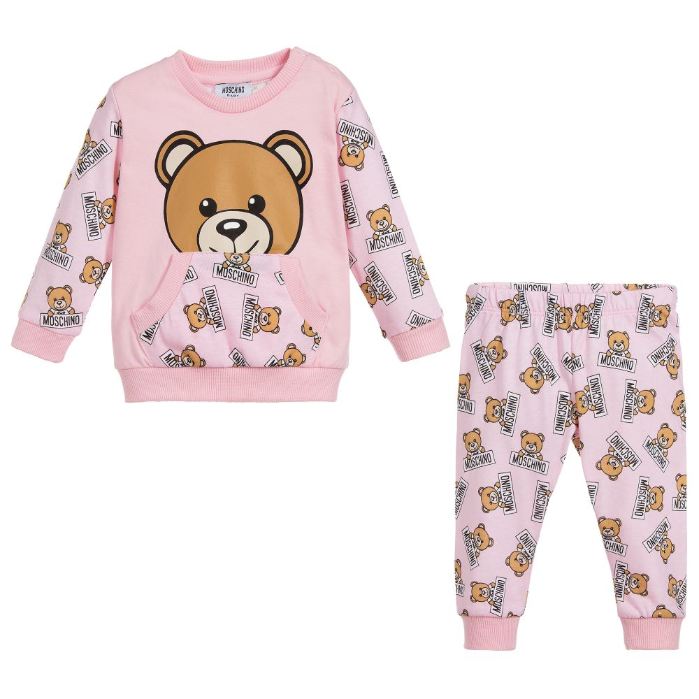 MOSCHINO-BABY ALL OVER TEDDY BEAR PRINT T-SHIRT & PANT SET-MUK01PLAB07-83975 PINK-Default-Moschino-kids atelier