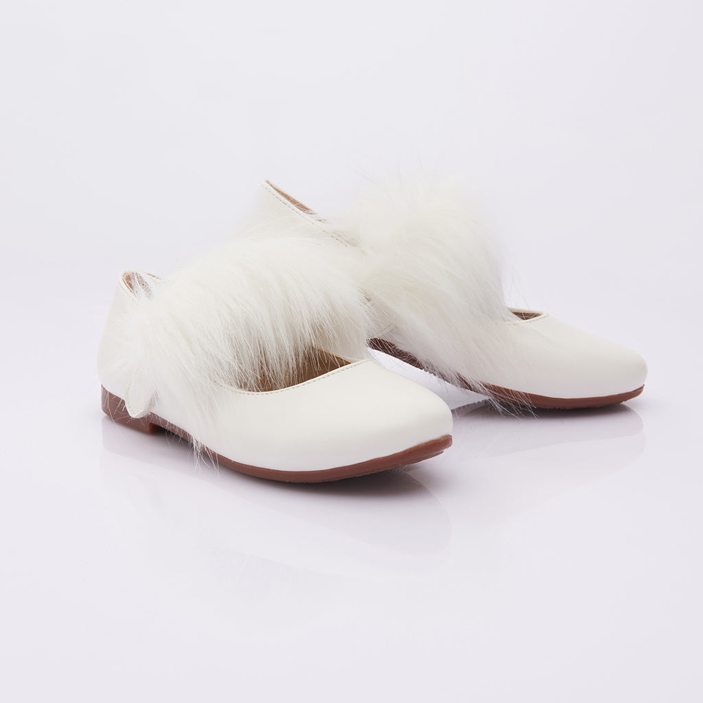 White Matte Fur Strap Flats