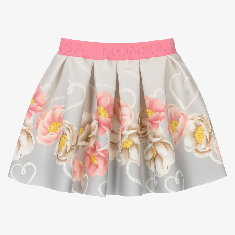 monnalisa-Gray Floral Neoprene Skirt-11b701-2659-3201