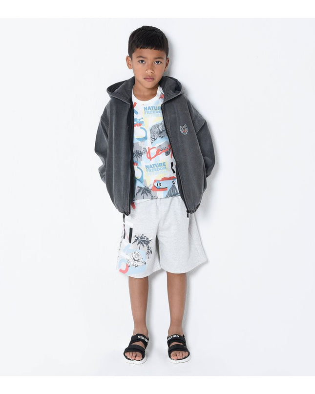 kenzo-Gray Tiger & Logo Print Shorts-k24235-a10
