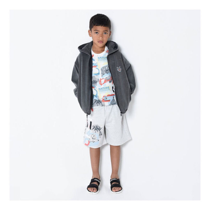 kenzo-Gray Tiger & Logo Print Shorts-k24235-a10