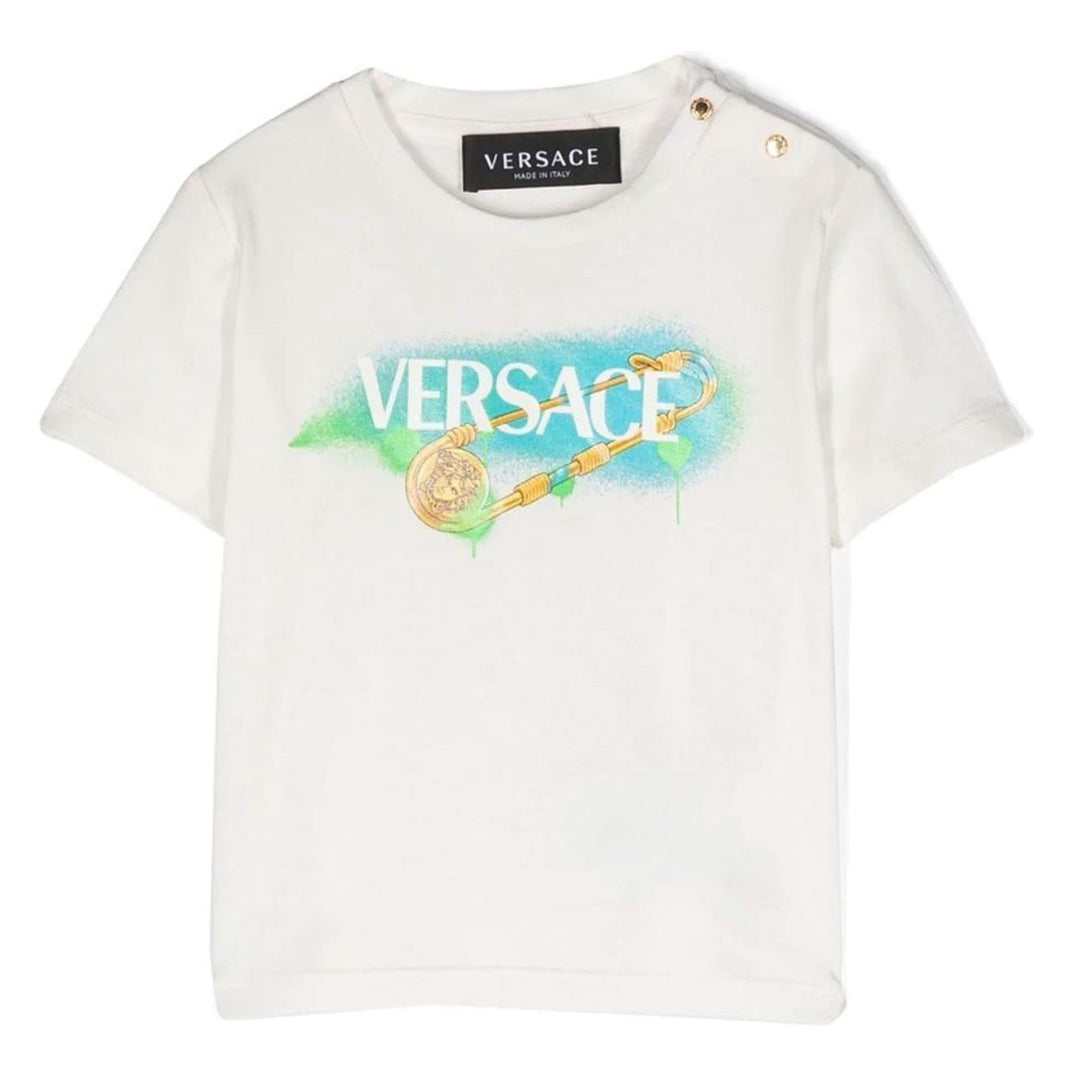 versace-1000102-1a06523-6w030-White Pin Logo Print T-Shirt