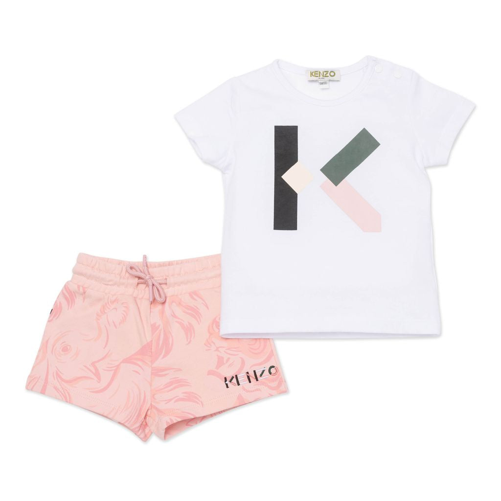 kenzo-White & Pink Logo T-Shirt & Short Set-k08006-103