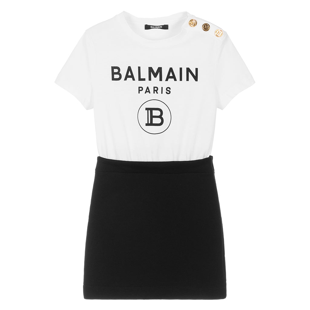 balmain-Black & White Logo Print Dress-6r1b01-z0738-100ne