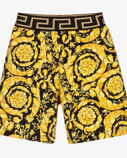 versace-1000346-1a02505-5b000-Black Barocco-Print Cotton Shorts