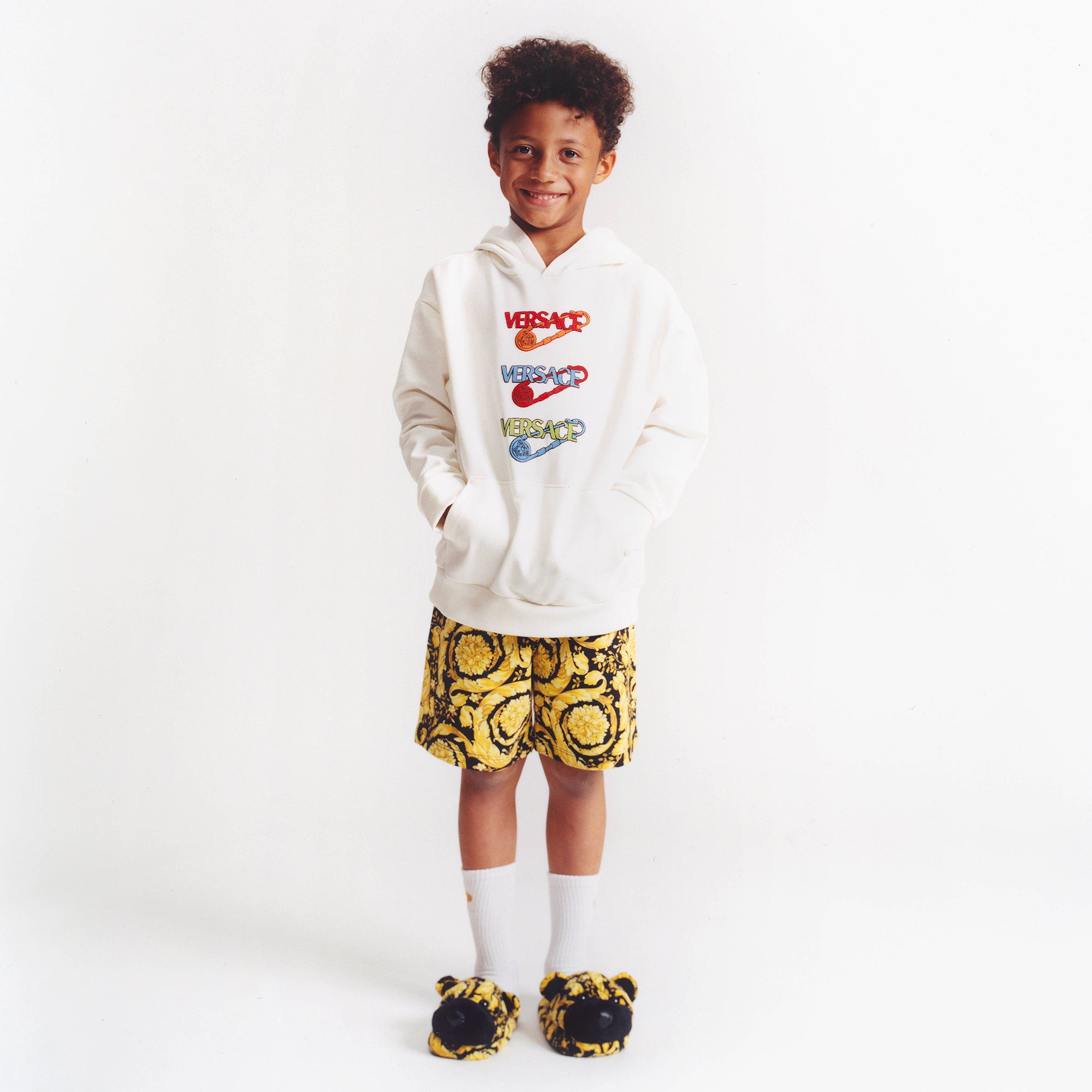 Black Barocco Print Cotton Shorts kids atelier