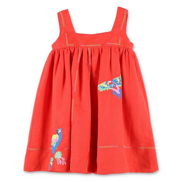 stella-Red Sleeveless Linen Parrots Dress-ts1e72-z0138-412