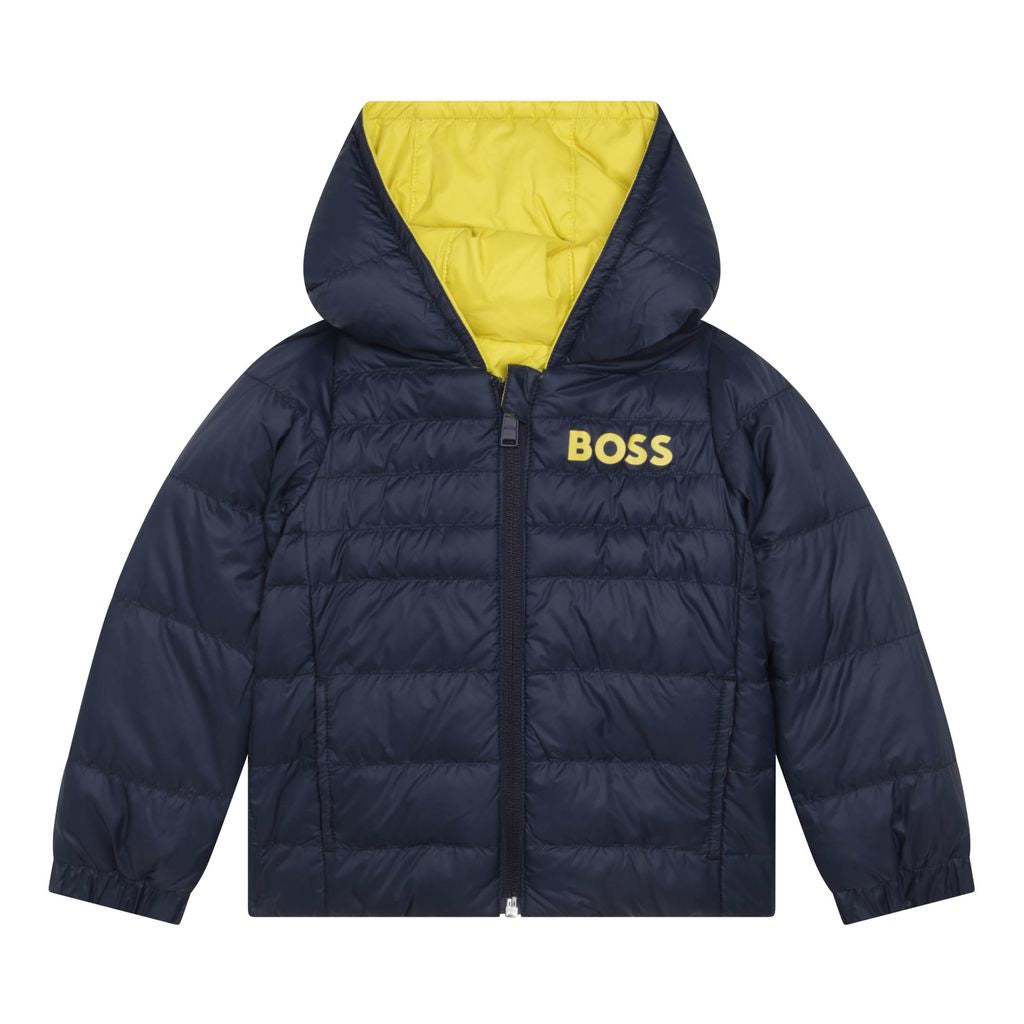 boss-Yellow & Navy Reversible Hooded Puffer Jacket-j26487-616