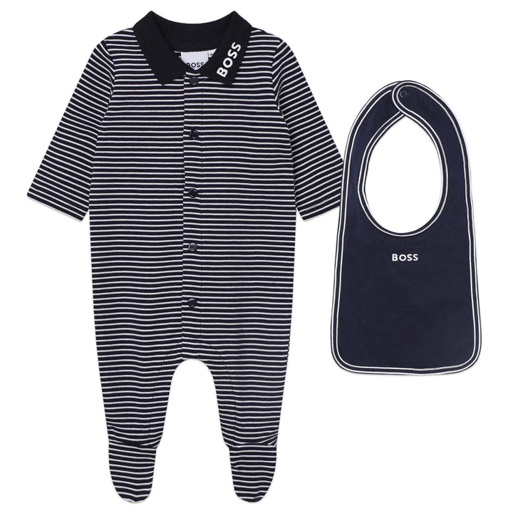 Navy Striped Logo Pajama & Bib Set
